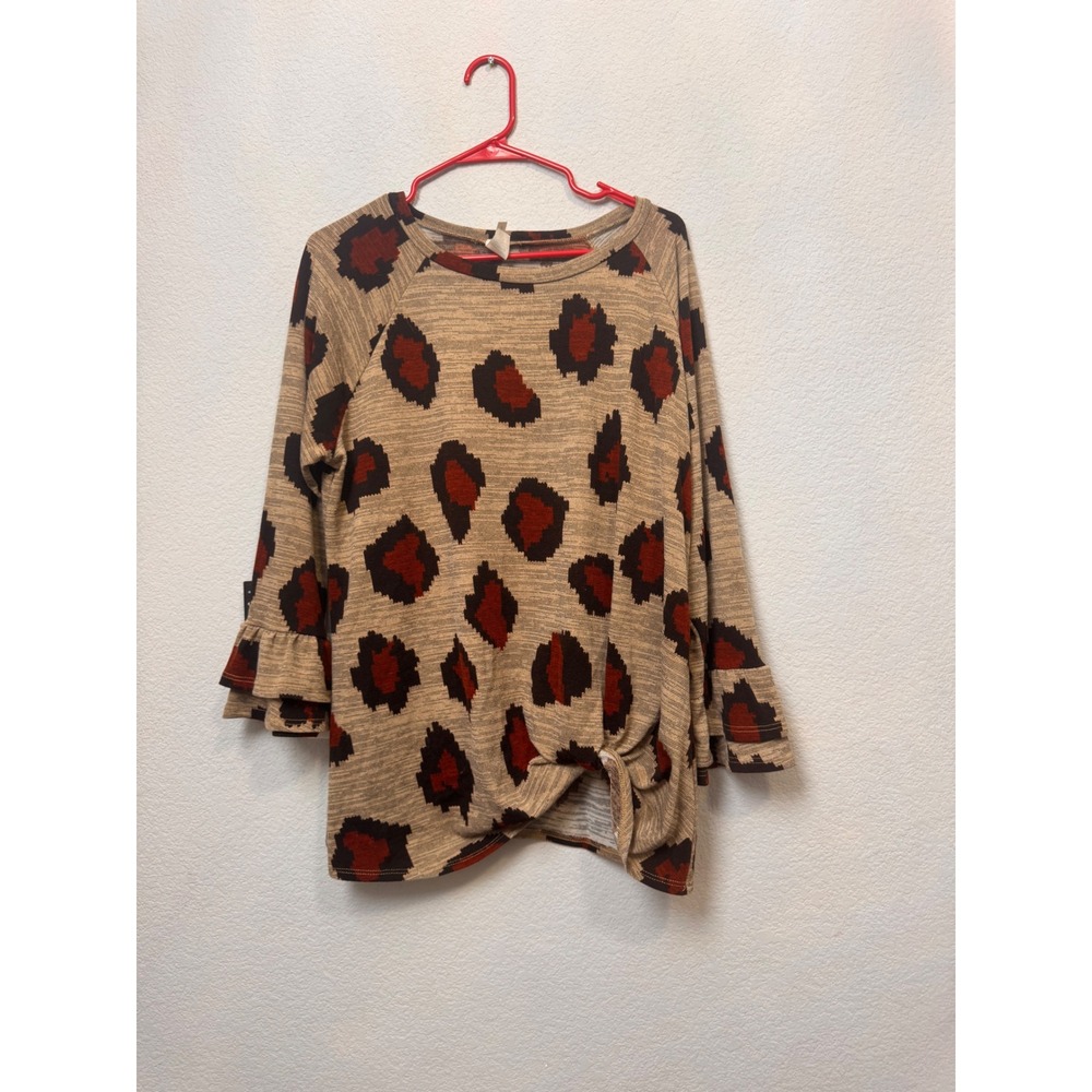 Now N Forever Women's Leopard Print Tie Front Ruffle Cuff‎ Long Sleeve Top